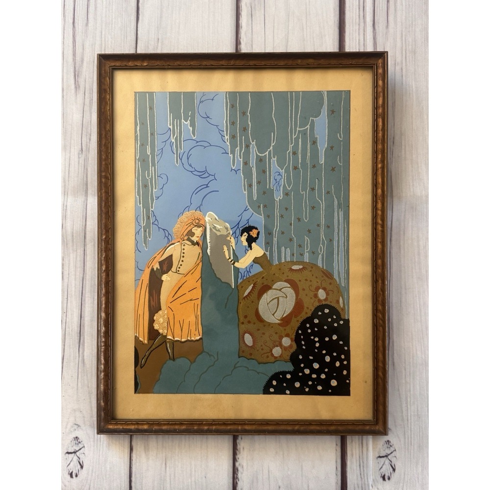 Vintage Art Deco Style Print Framed Flapper Couple‎ Fantasy Scene Gold Accents
